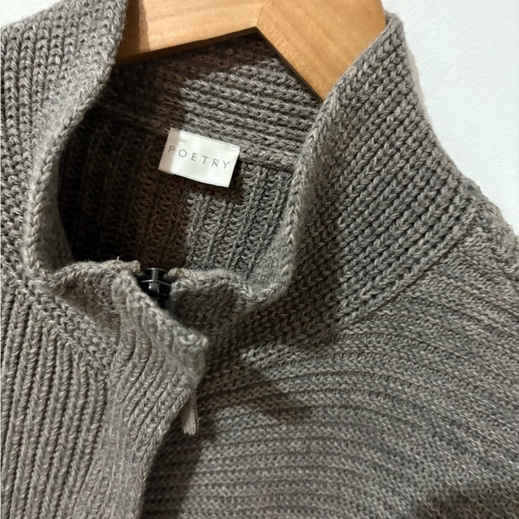 Poetry Taupe Ribbed Knit High Neck Full Zip Sweater Chunky Wool, Cotton Sz 6 - Picture 3 of 7